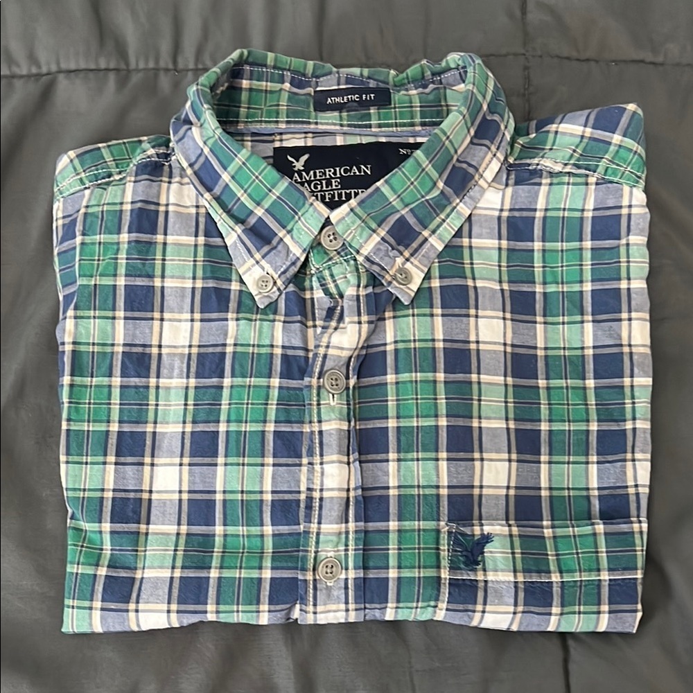 American Eagle Athletic Fit Plaid Button Down Shirt Size Large